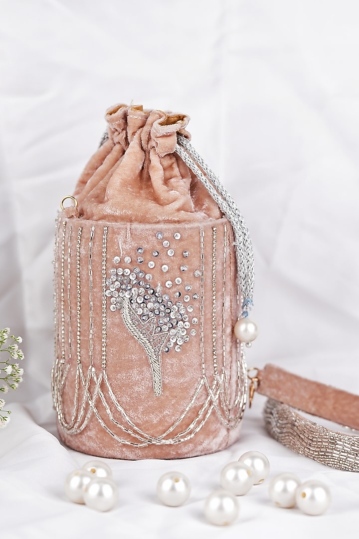 Pink Velvet Hand Embroidered Potli by Feza Bags at Pernia's Pop Up Shop