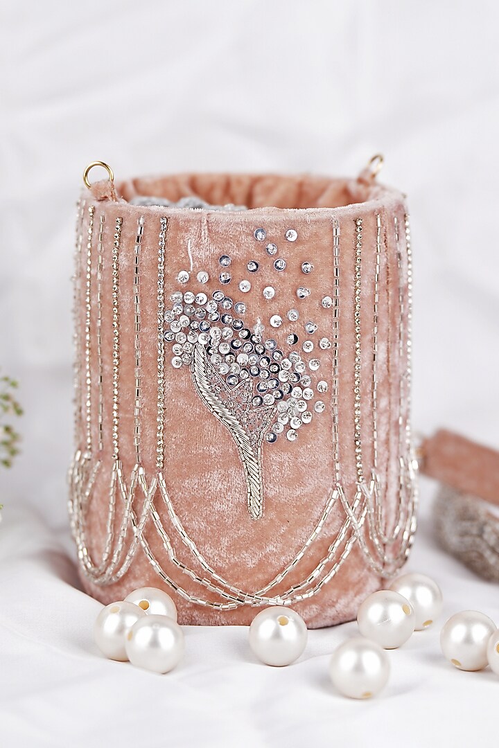 Pink Velvet Hand Embroidered Potli by Feza Bags at Pernia's Pop Up Shop