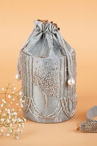 Silver Semi-Raw Silk Hand Embroidered Potli by Feza Bags