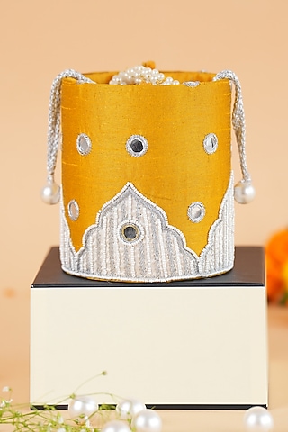 Yellow Semi-Raw Silk Potli by Feza Bags
