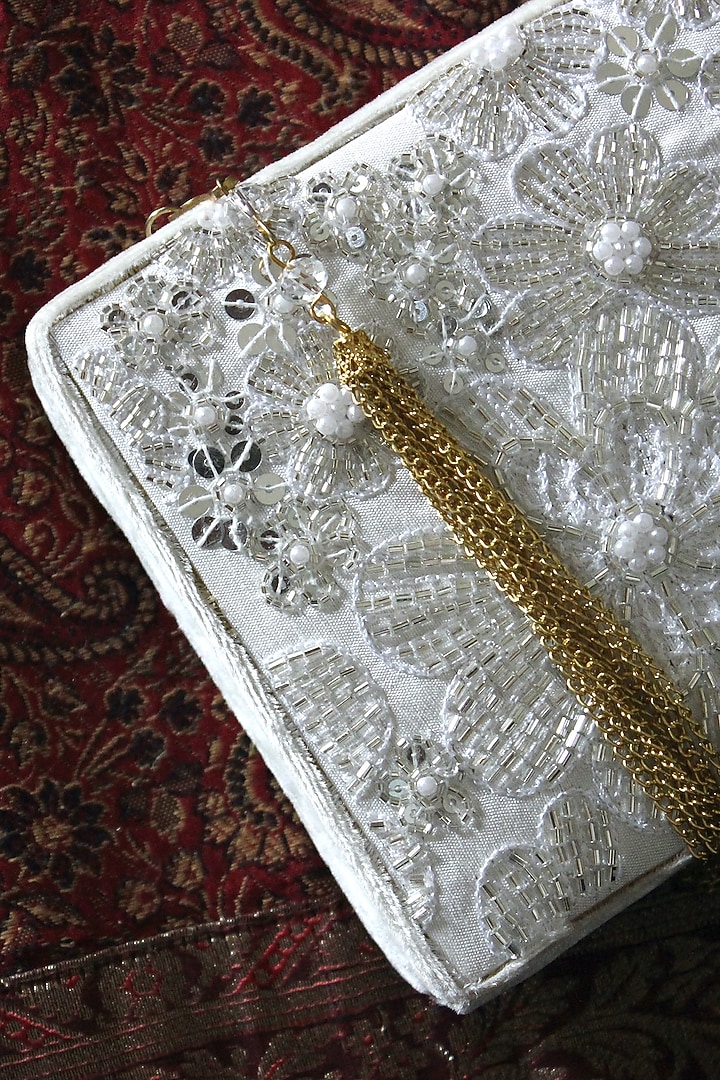White Velvet & Semi-Raw Silk Clutch by Feza Bags at Pernia's Pop Up Shop