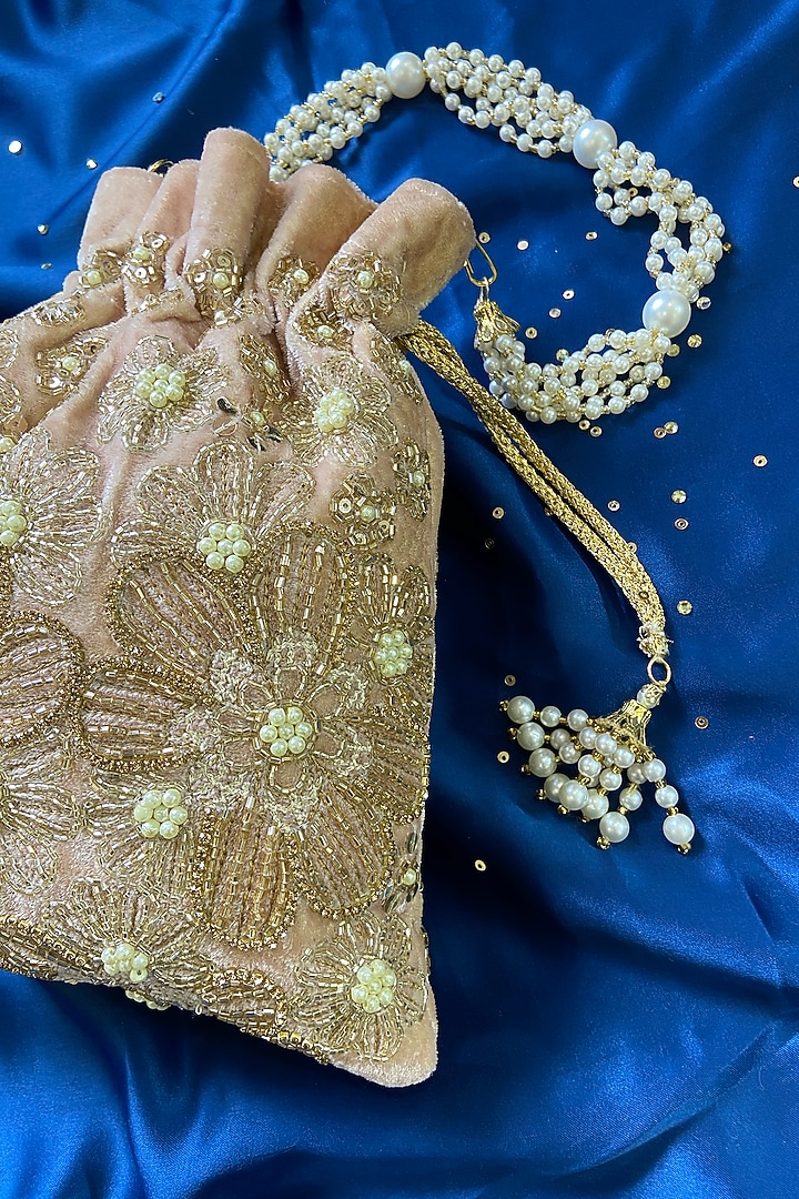 Gold Swarovski Work Velvet Potli by Feza Bags at Pernia's Pop Up Shop