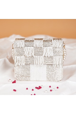 White Semi-Raw Silk Fringed Baguette Bag by Feza Bags