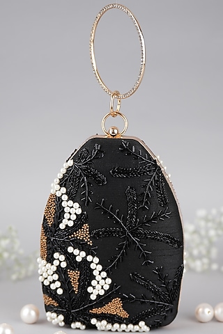 Black Semi-Raw Silk Fringed Baguette Bag by Feza Bags