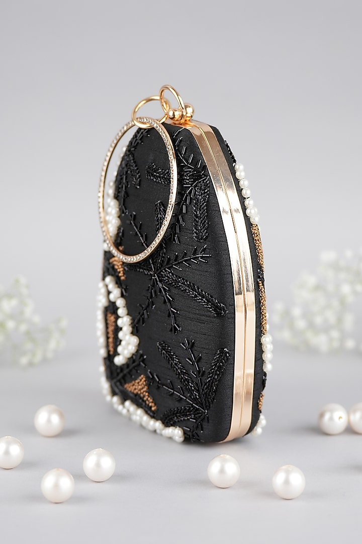 Black Semi-Raw Silk Fringed Baguette Bag by Feza Bags at Pernia's Pop Up Shop