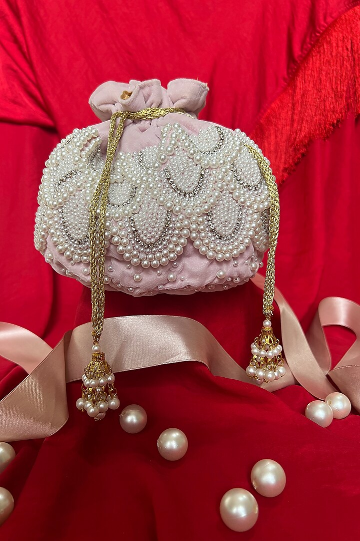 Pink Velvet Embroidered Potli by Feza Bags