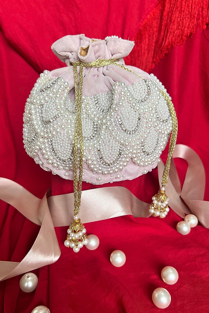 Pink Velvet Embroidered Potli by Feza Bags at Pernia's Pop Up Shop