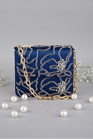 Blue Semi-Raw Silk Hand Embroidered Baguette Bag by Feza Bags