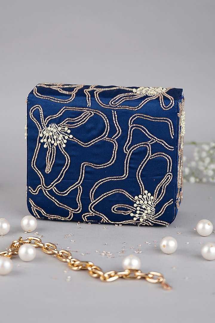 Blue Semi-Raw Silk Hand Embroidered Baguette Bag by Feza Bags at Pernia's Pop Up Shop