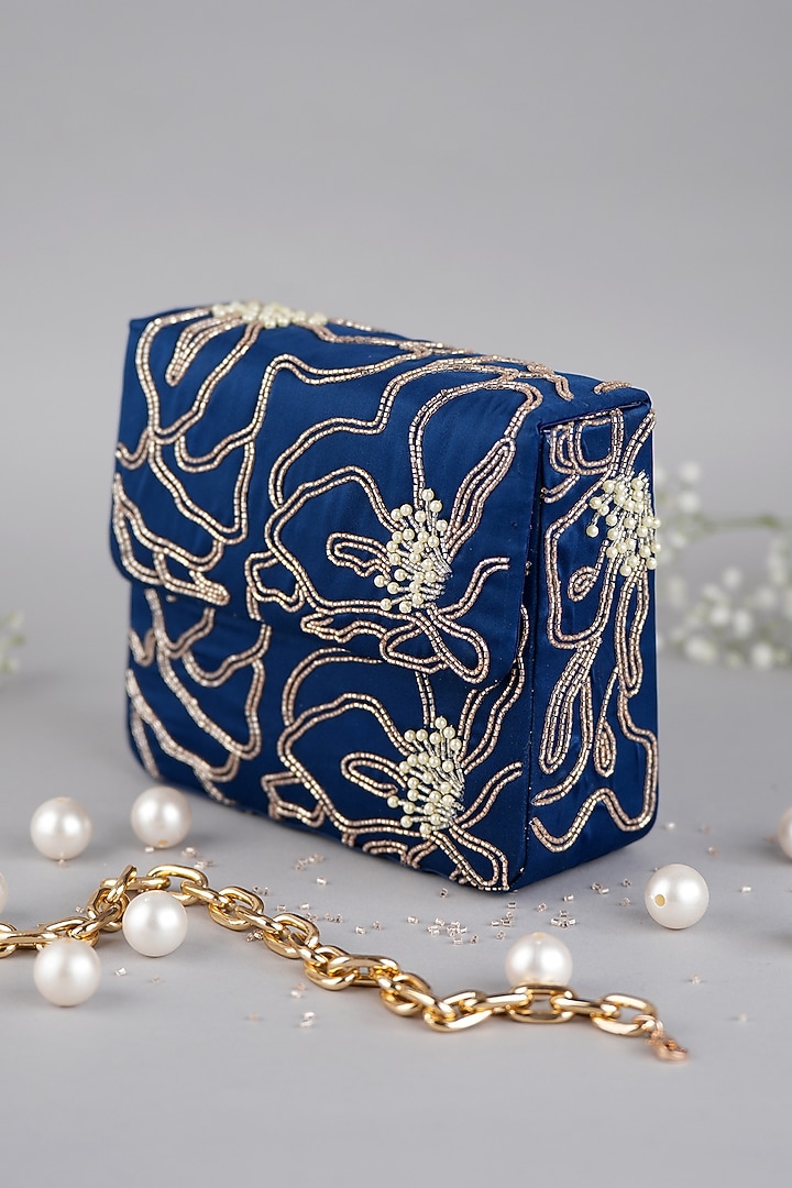 Blue Semi-Raw Silk Hand Embroidered Baguette Bag by Feza Bags at Pernia's Pop Up Shop