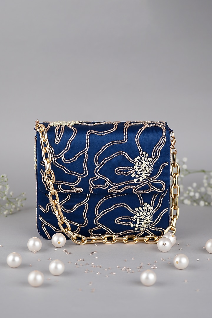 Blue Semi-Raw Silk Hand Embroidered Baguette Bag by Feza Bags at Pernia's Pop Up Shop