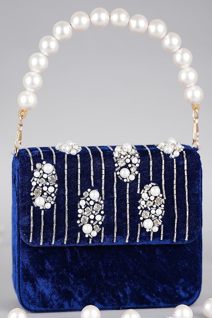 Blue Velvet Hand Embroidered Baguette Bag by Feza Bags