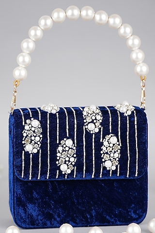Blue Velvet Hand Embroidered Baguette Bag by Feza Bags