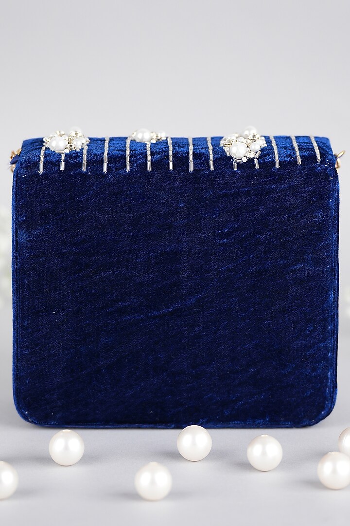 Blue Velvet Hand Embroidered Baguette Bag by Feza Bags at Pernia's Pop Up Shop