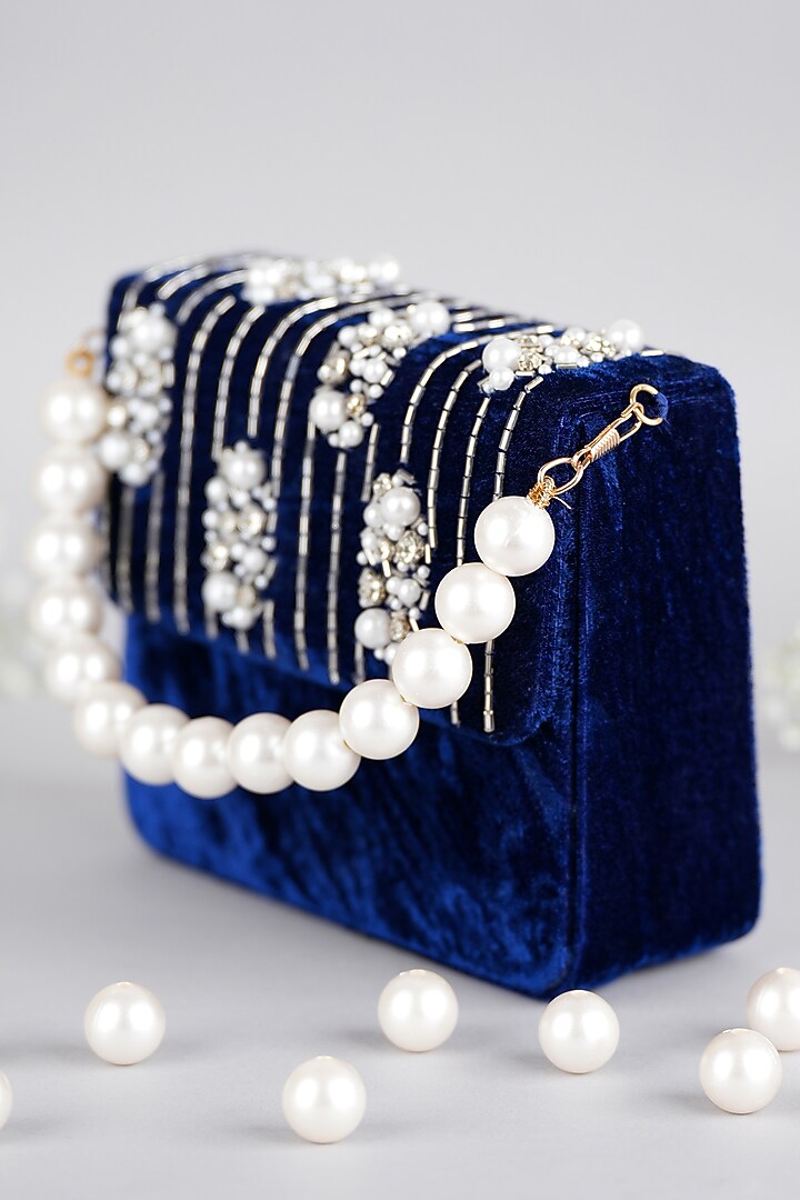 Blue Velvet Hand Embroidered Baguette Bag by Feza Bags at Pernia's Pop Up Shop