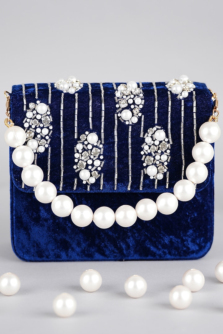 Blue Velvet Hand Embroidered Baguette Bag by Feza Bags at Pernia's Pop Up Shop