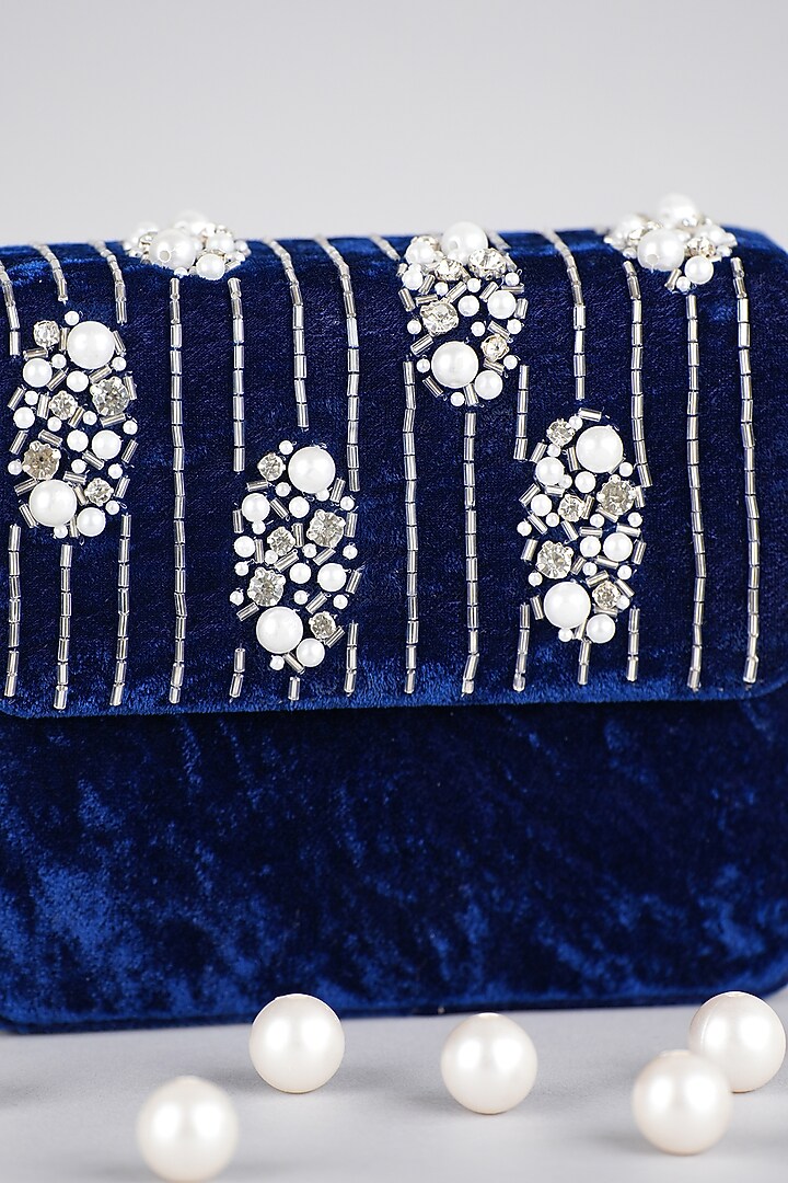 Blue Velvet Hand Embroidered Baguette Bag by Feza Bags at Pernia's Pop Up Shop