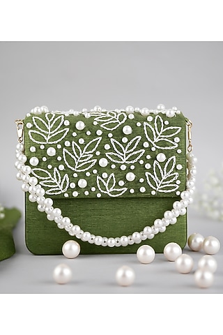 Olive Green Semi-Raw Silk Hand Embroidered Baguette Bag by Feza Bags