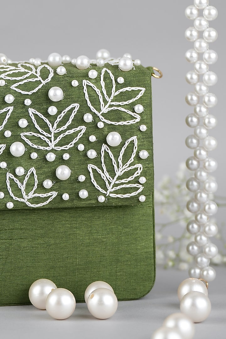 Olive Green Semi-Raw Silk Hand Embroidered Baguette Bag by Feza Bags at Pernia's Pop Up Shop