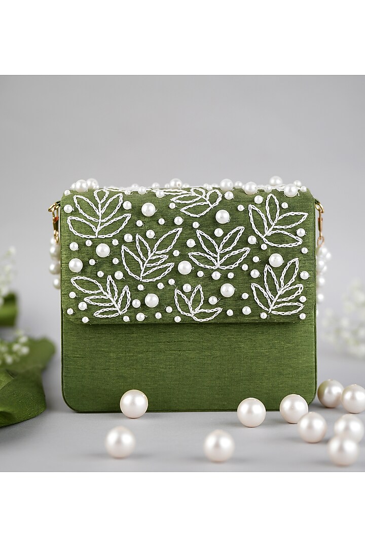 Olive Green Semi-Raw Silk Hand Embroidered Baguette Bag by Feza Bags at Pernia's Pop Up Shop