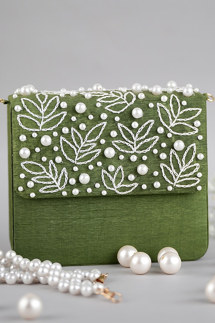 Olive Green Semi-Raw Silk Hand Embroidered Baguette Bag by Feza Bags at Pernia's Pop Up Shop