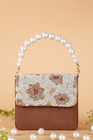 Brown Suede & Organza Hand Embroidered Baguette Bag by Feza Bags