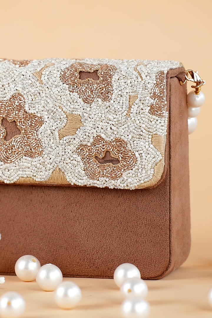 Brown Suede & Organza Hand Embroidered Baguette Bag by Feza Bags at Pernia's Pop Up Shop