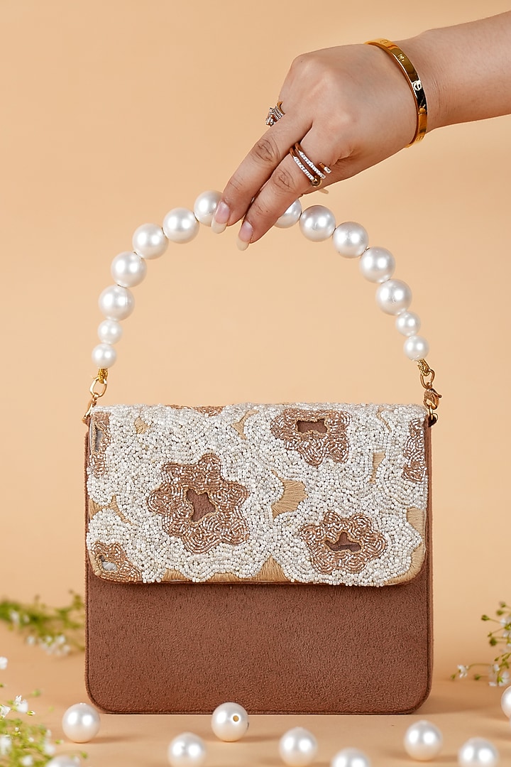 Brown Suede & Organza Hand Embroidered Baguette Bag by Feza Bags at Pernia's Pop Up Shop