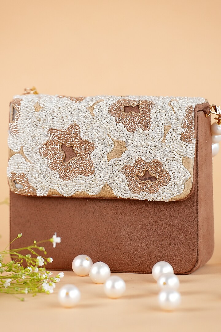 Brown Suede & Organza Hand Embroidered Baguette Bag by Feza Bags at Pernia's Pop Up Shop