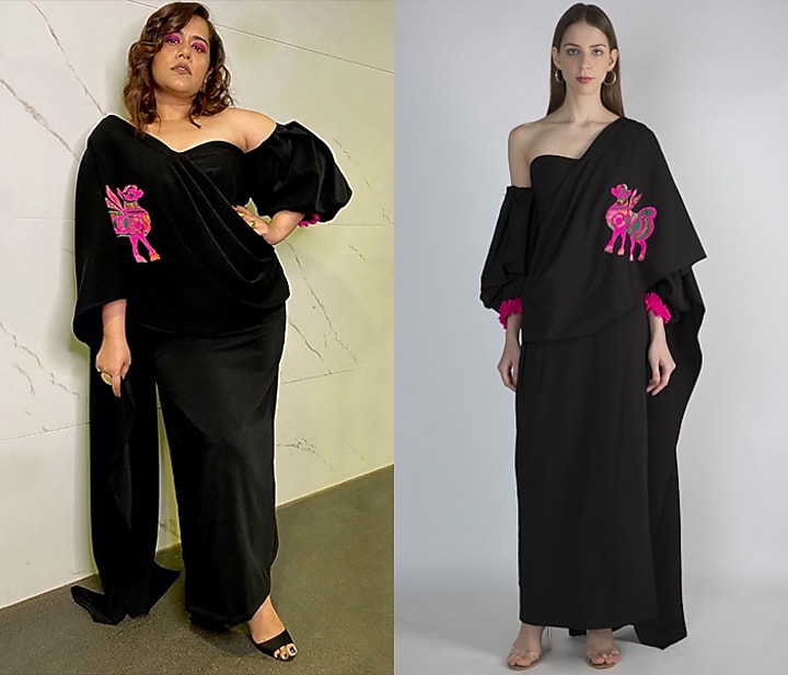 Black Printed Party Wear Gown Saree by Masaba at Pernia's Pop Up Shop