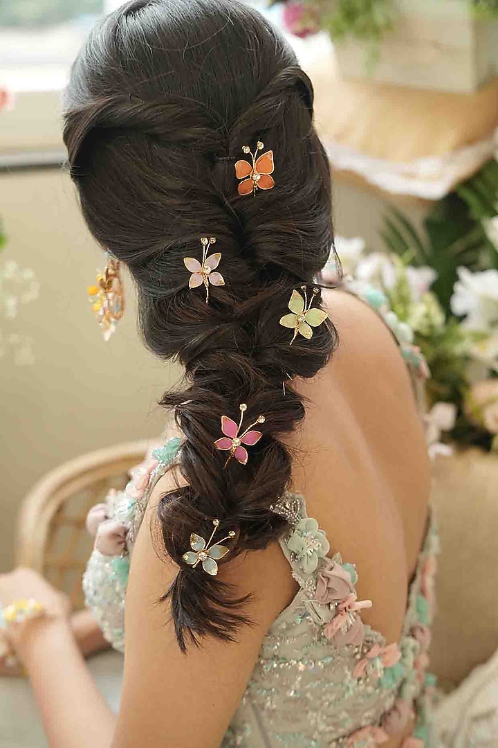 Multi-Colored Pearl & Resin Handcrafted Hairpins (Set Of 5) by FLORISTAA BY MAHEK at Pernia's Pop Up Shop