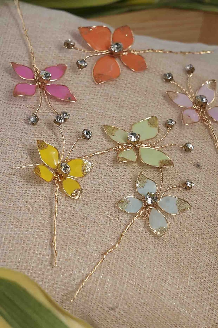 Multi-Colored Pearl & Resin Handcrafted Hairpins (Set Of 5) by FLORISTAA BY MAHEK at Pernia's Pop Up Shop