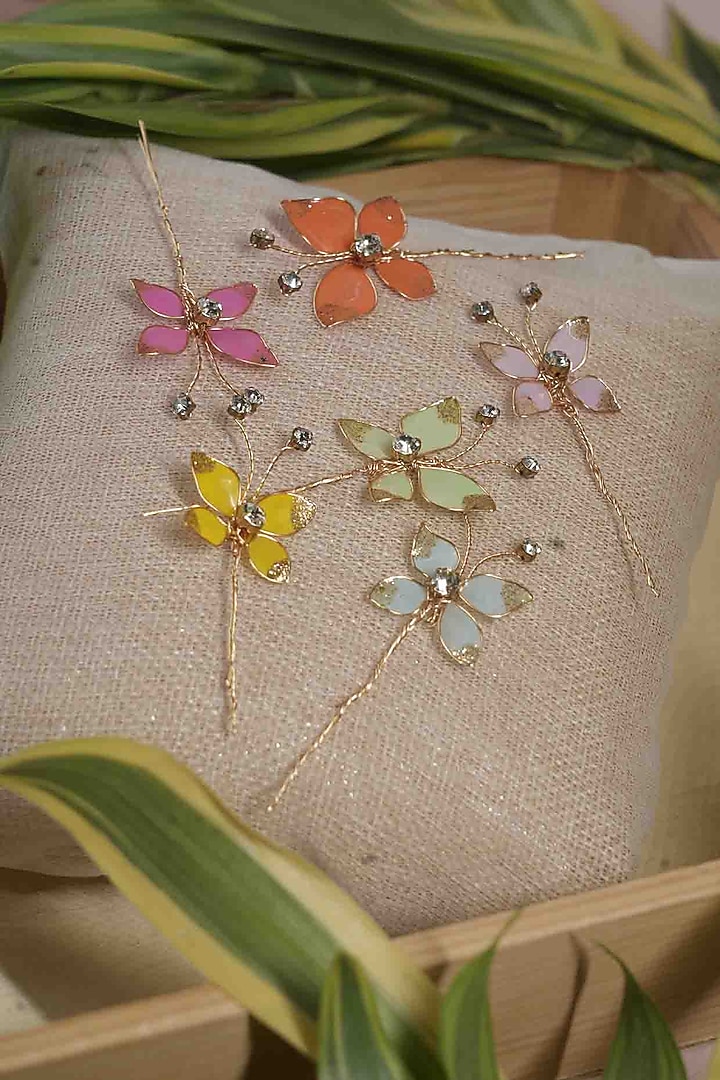Multi-Colored Pearl & Resin Handcrafted Hairpins (Set Of 5) by FLORISTAA BY MAHEK at Pernia's Pop Up Shop