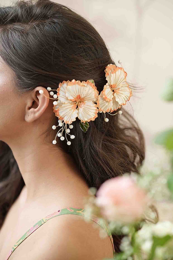 Orange Pearl & Resin Hair Comb by FLORISTAA BY MAHEK at Pernia's Pop Up Shop