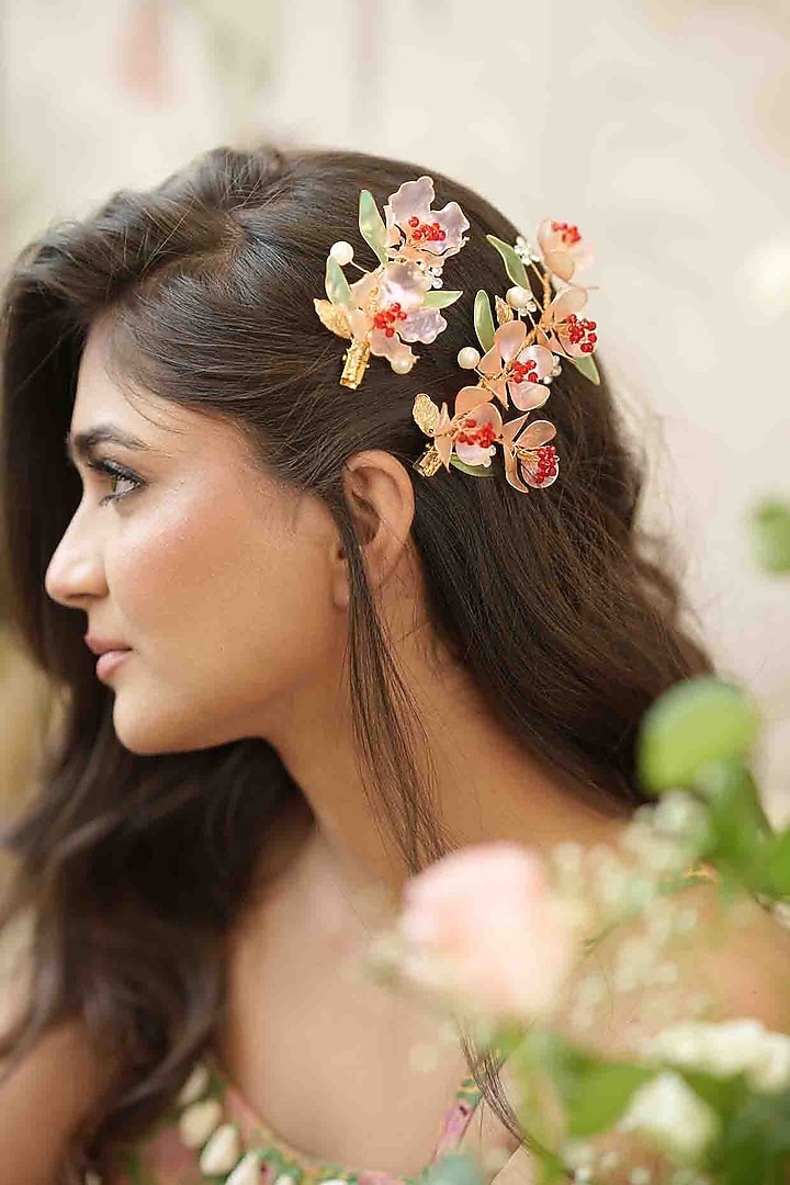 Pink Pearl & Resin Handcrafted Hairpins (Set Of 2) by FLORISTAA BY MAHEK at Pernia's Pop Up Shop