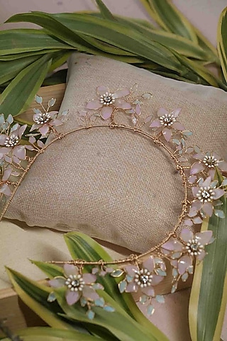 Pink Pearl & Resin Handcrafted Headband by FLORISTAA BY MAHEK