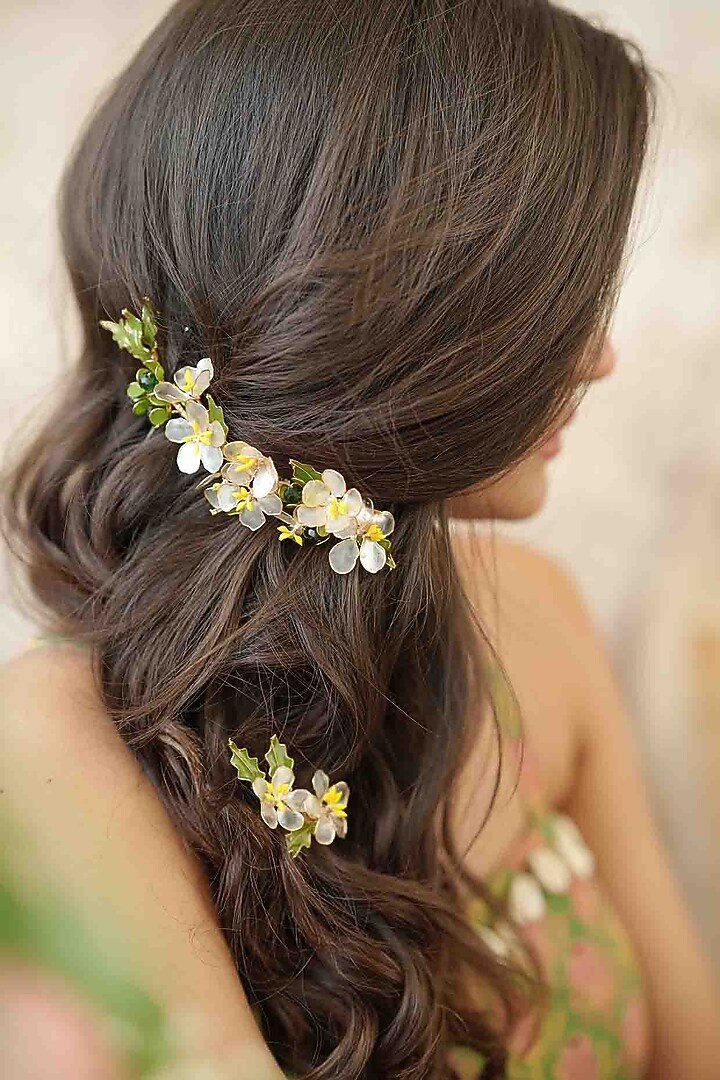 White Pearl & Resin Handcrafted Hairpins (Set Of 2) by FLORISTAA BY MAHEK at Pernia's Pop Up Shop