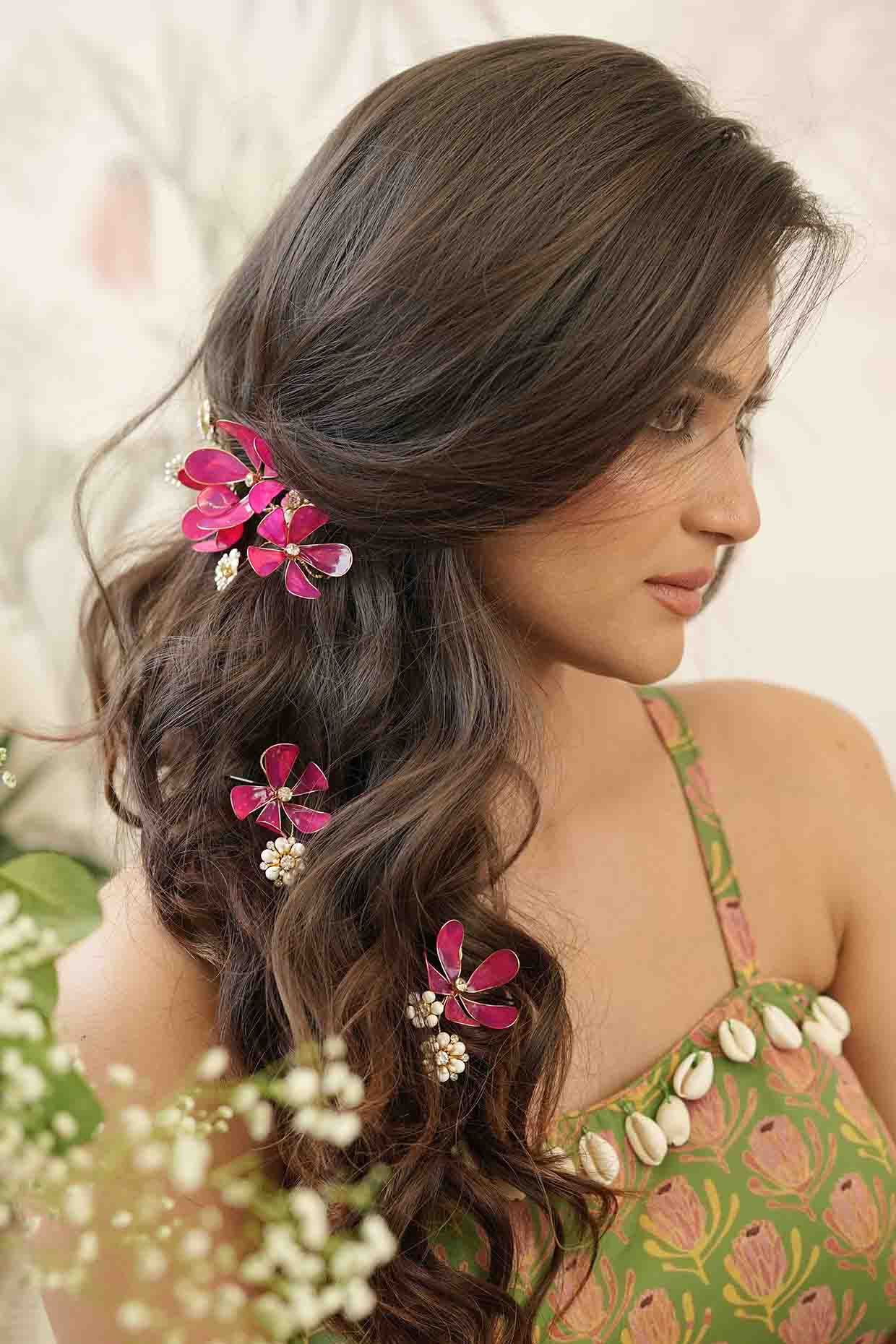 Pink Pearl & Resin Handcrafted Hairpins (Set Of 3) by FLORISTAA BY MAHEK at Pernia's Pop Up Shop