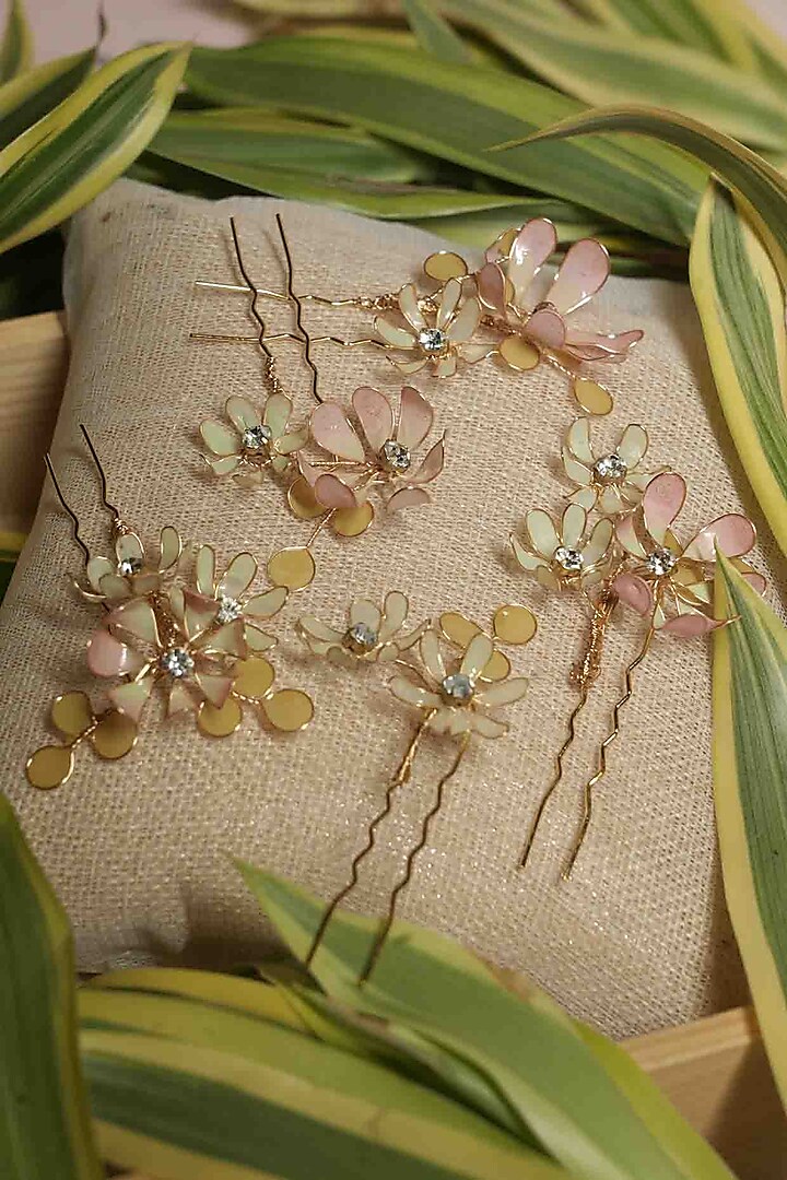 Pink Pearl & Resin Handcrafted Hairpins (Set Of 5) by FLORISTAA BY MAHEK at Pernia's Pop Up Shop