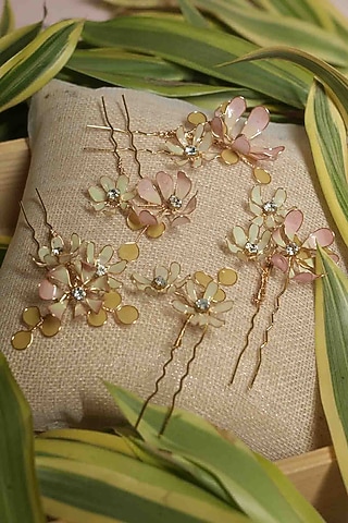Pink Pearl & Resin Handcrafted Hairpins (Set Of 5) by FLORISTAA BY MAHEK
