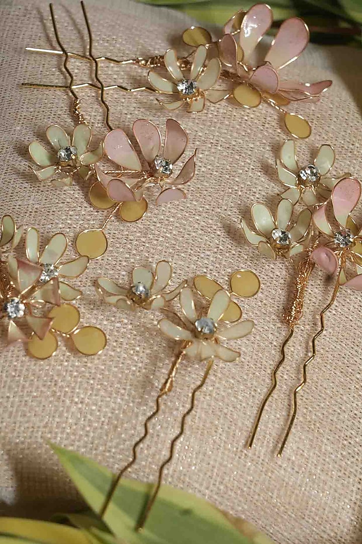 Pink Pearl & Resin Handcrafted Hairpins (Set Of 5) by FLORISTAA BY MAHEK at Pernia's Pop Up Shop