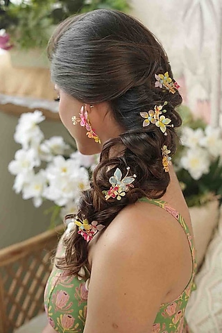 Multi-Colored Pearl & Resin Handcrafted Hairpins (Set Of 5) by FLORISTAA BY MAHEK