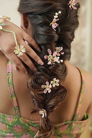 Pink Pearl & Resin Handcrafted Hair Pins (Set Of 5) by FLORISTAA BY MAHEK