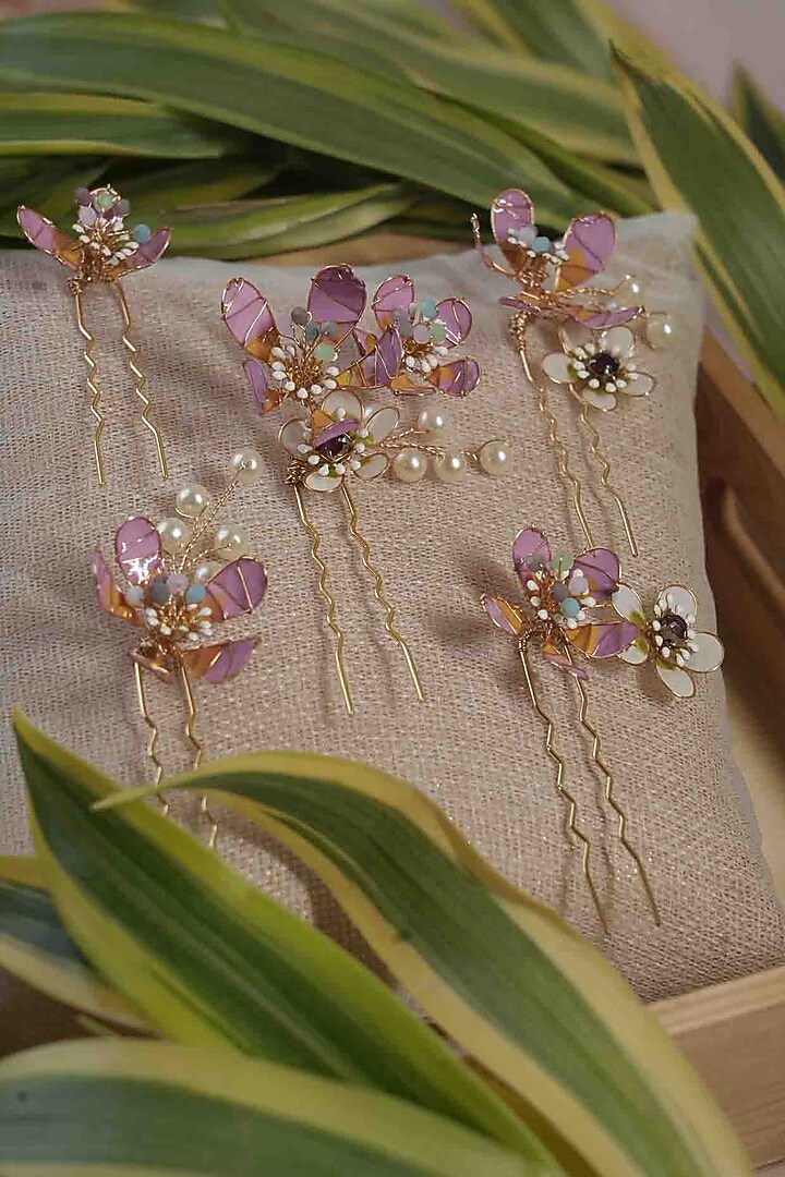 Pink Pearl & Resin Handcrafted Hair Pins (Set Of 5) by FLORISTAA BY MAHEK at Pernia's Pop Up Shop