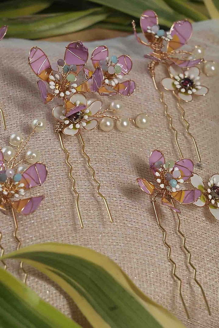 Pink Pearl & Resin Handcrafted Hair Pins (Set Of 5) by FLORISTAA BY MAHEK at Pernia's Pop Up Shop