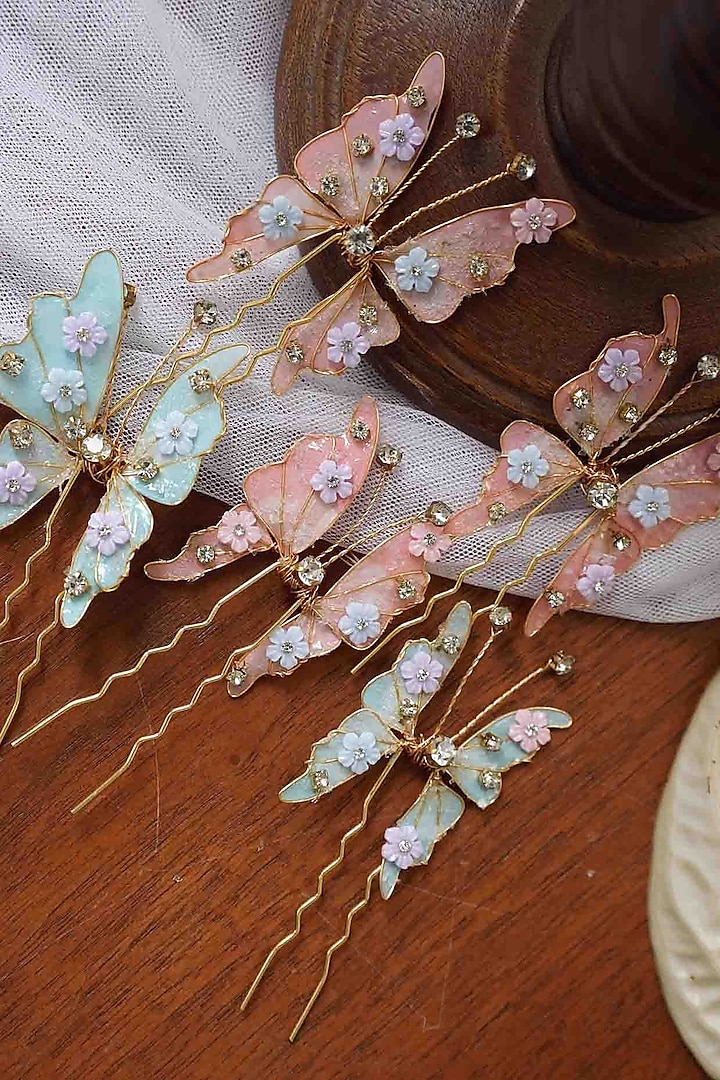 Pink & Blue Resin Handcrafted Hair Pins (Set Of 5) by FLORISTAA BY MAHEK at Pernia's Pop Up Shop
