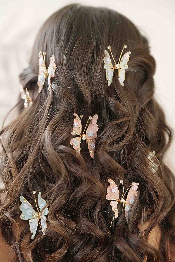 Pink & Blue Resin Handcrafted Hair Pins (Set Of 5) by FLORISTAA BY MAHEK at Pernia's Pop Up Shop