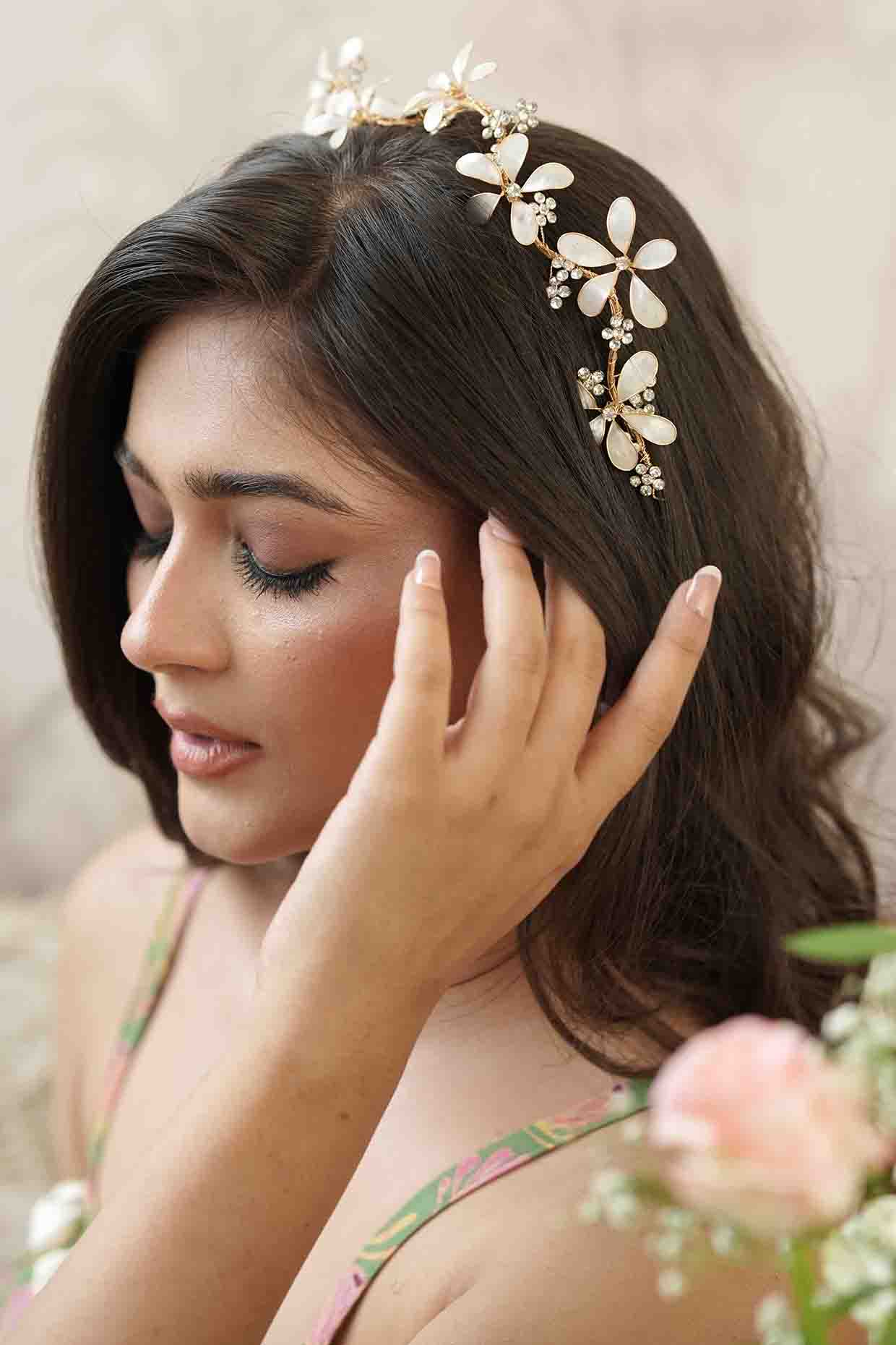 White Pearl & Resin Handcrafted Headband by FLORISTAA BY MAHEK at Pernia's Pop Up Shop
