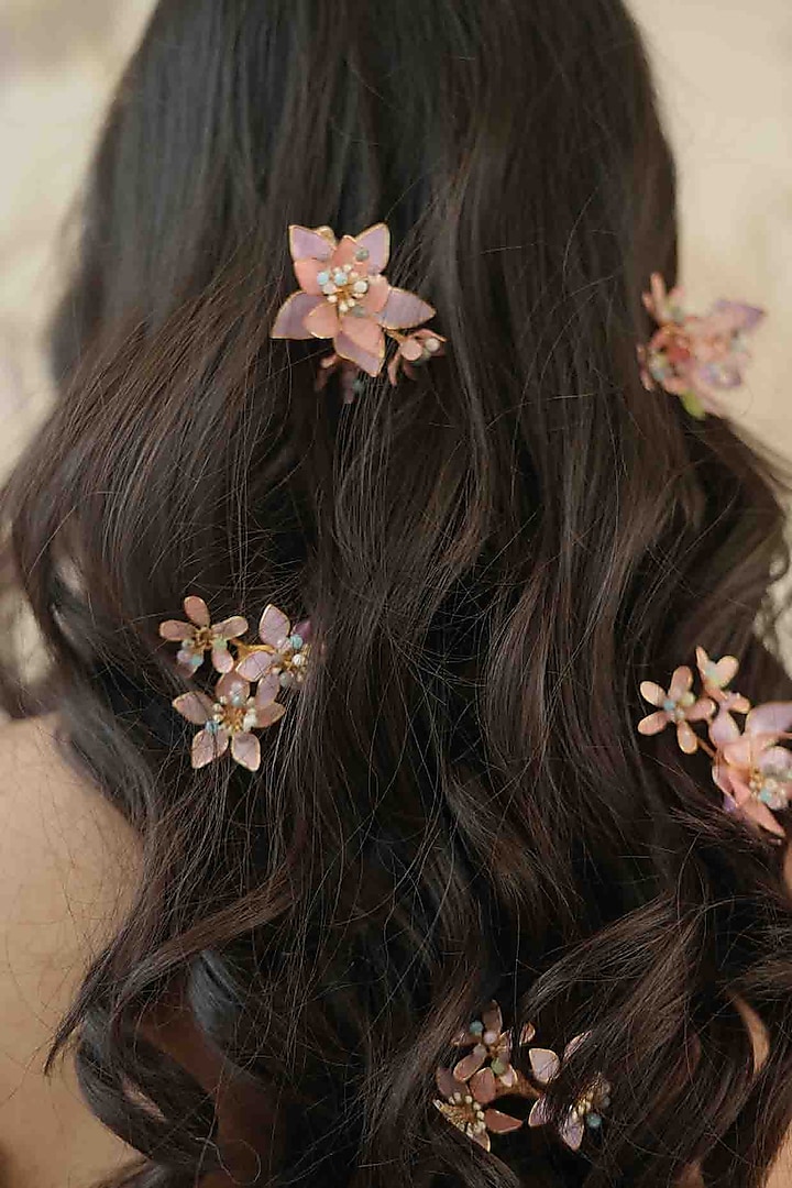 Pink Pearl & Resin Handcrafted Hair Pins (Set Of 5) by FLORISTAA BY MAHEK at Pernia's Pop Up Shop