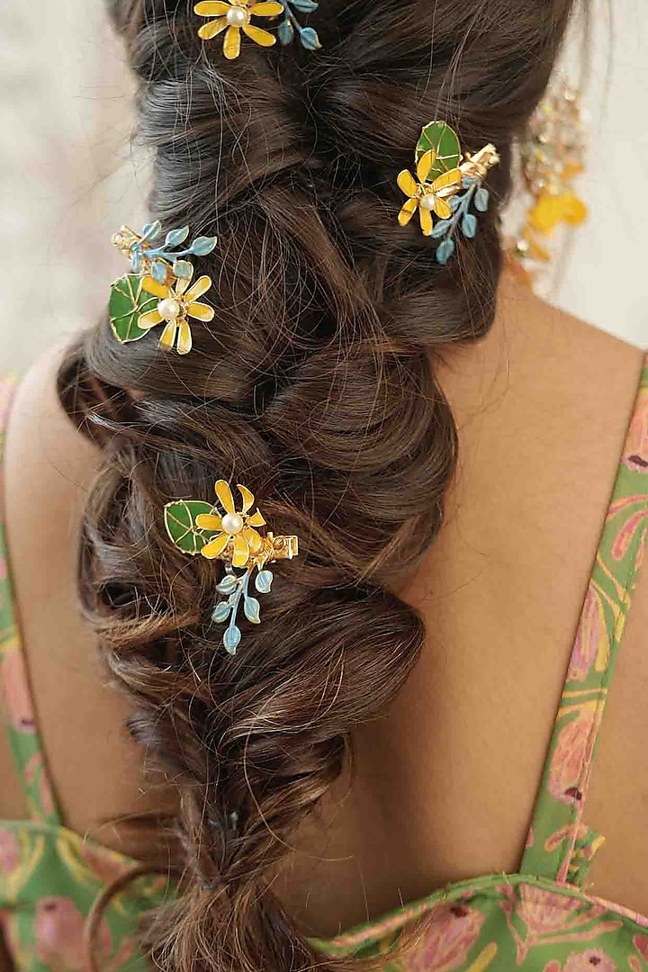 Yellow Pearl & Resin Handcrafted Hair Pins (Set Of 5) by FLORISTAA BY MAHEK at Pernia's Pop Up Shop